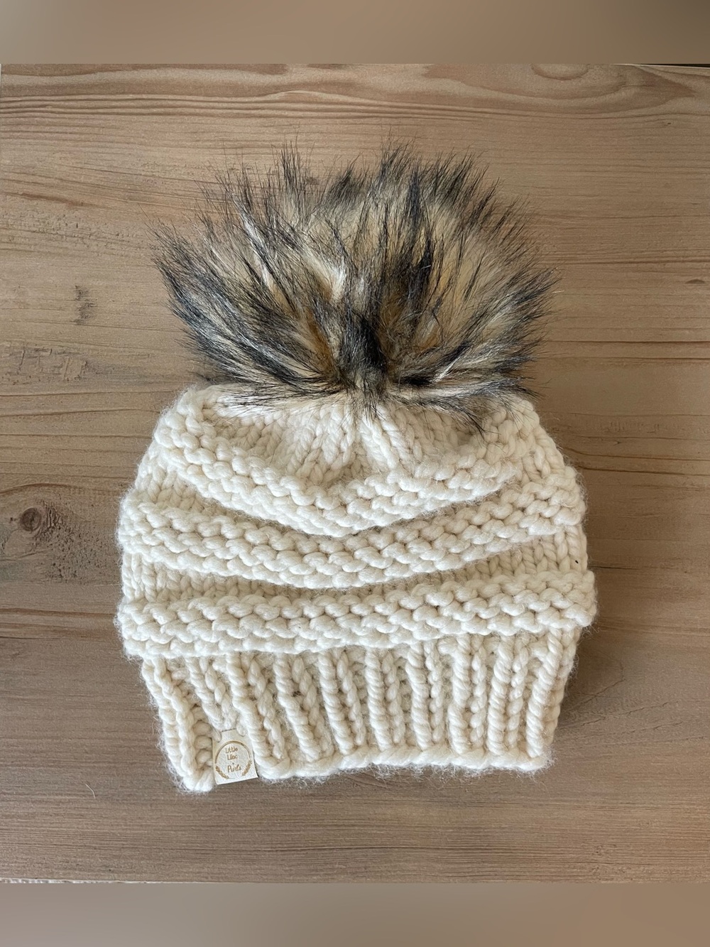New Handmade Kids Cream Knit Toque with removable Faux Fur Pom